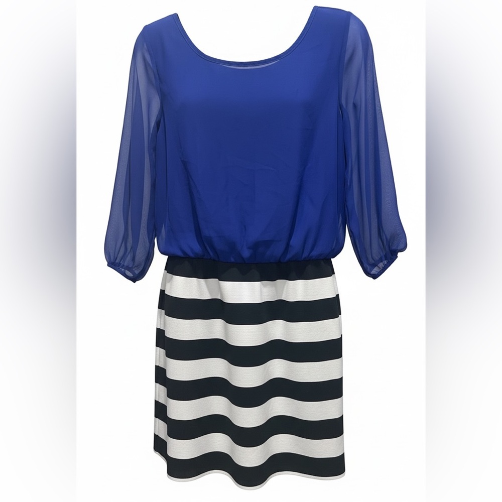 Blue Chiffon Top Stripe Bodycon Dress Elegant Chi Size S